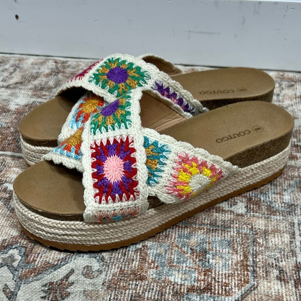Coutgo Platform Espadrille Sandals Women 8 Floral Crochet Cork Platform Open Toe - Picture 2 of 6